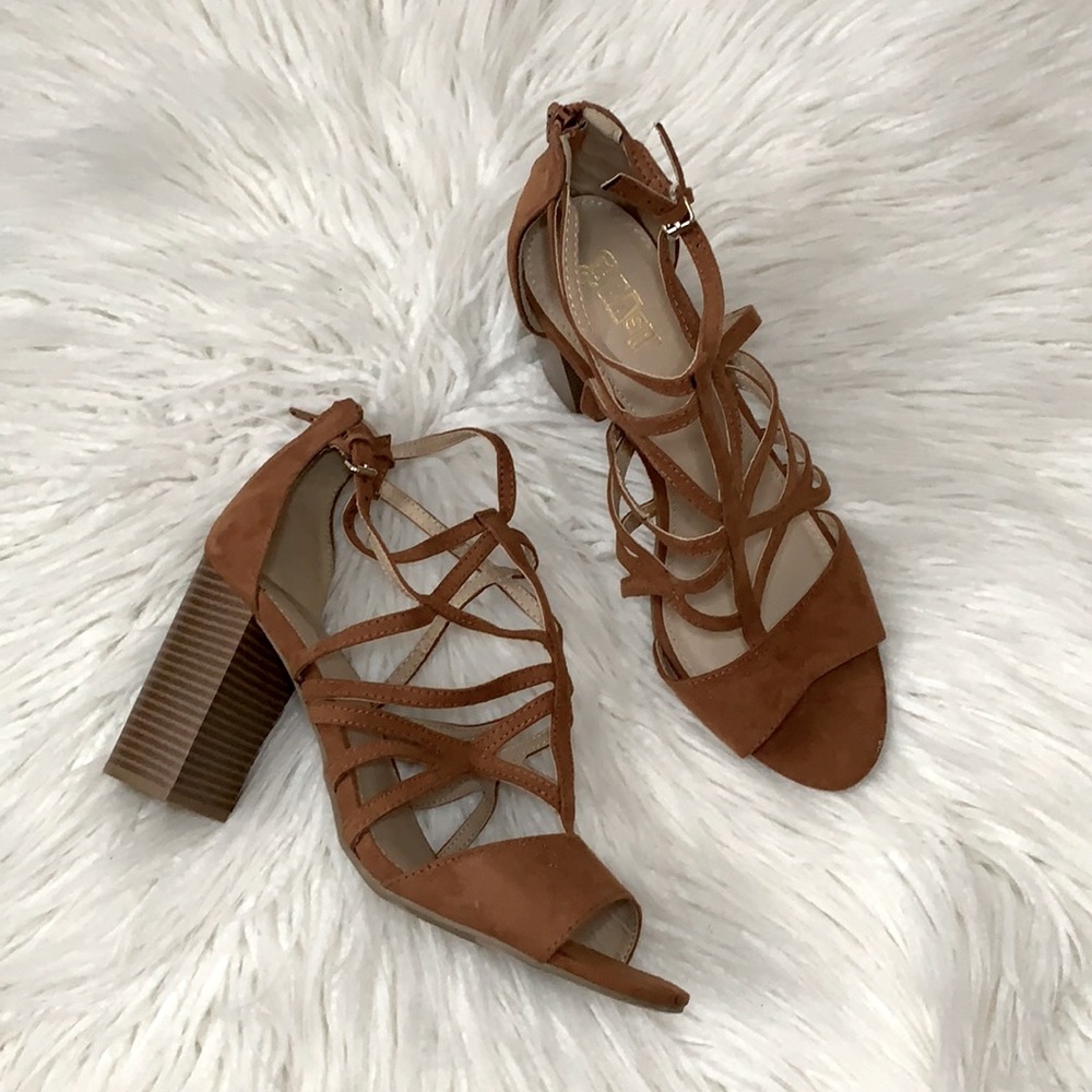Brash cognac suede open toed heels